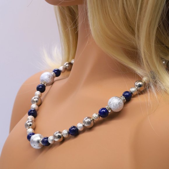 Necklace Lapis Stones Rhinestones Silver Beads Shiny & Matte Finishes - Picture 2 of 3